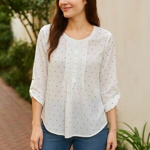 Daniel Rainn Women's Sz XS White Sheer Polka Dot Pintuck Blouse Romantic Classic